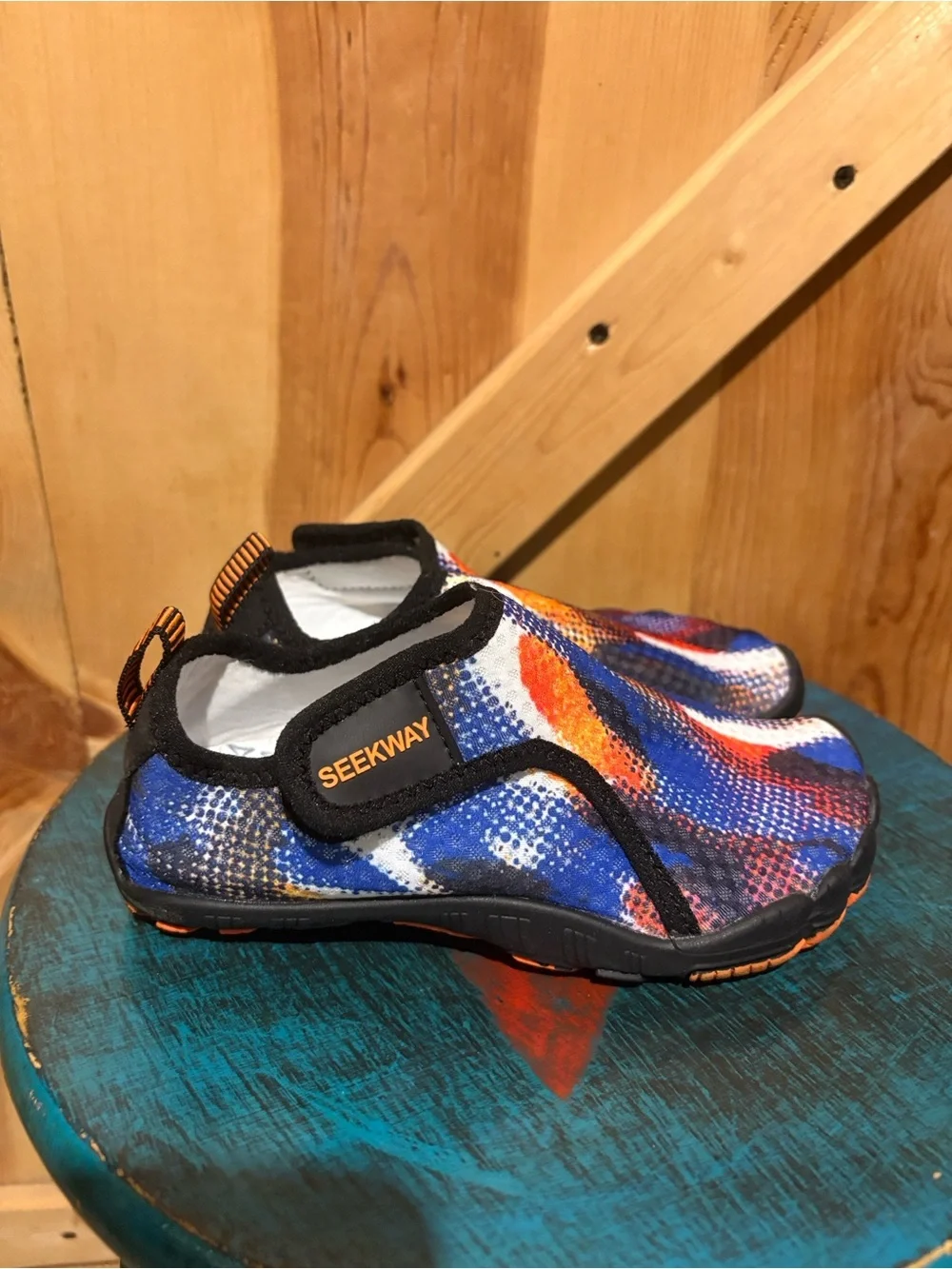 Kids Slip-On Water Shoes – Blue, Orange & White Splash